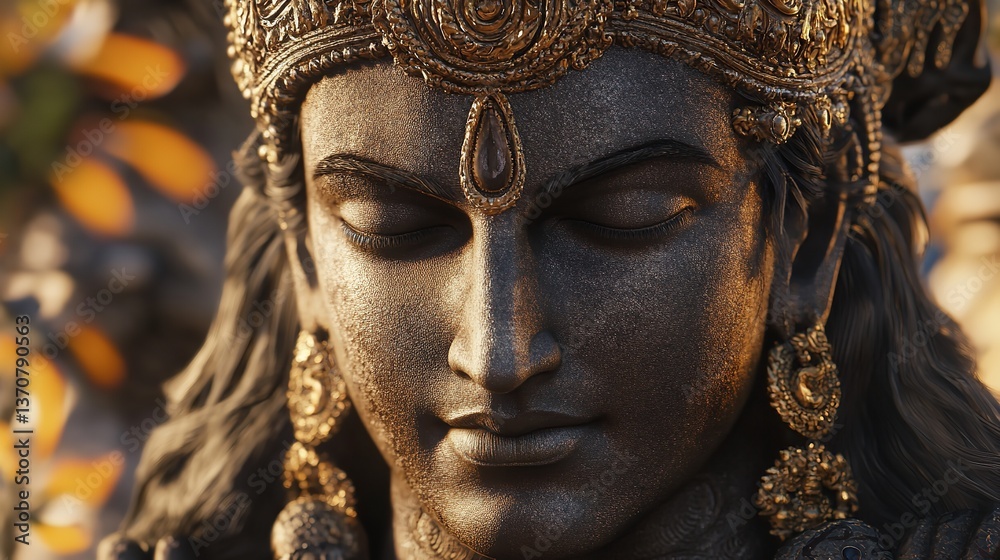 Close up of a statue with golden crown and jewelry with eyes closed in peace Close up of a statue with golden crown and jewelry with eyes closed in peace