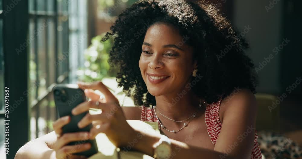 Home, relax and woman on sofa, smartphone and smile with connection, social media and internet. Apartment, mobile user and happy person on couch, cellphone and digital app with network and email