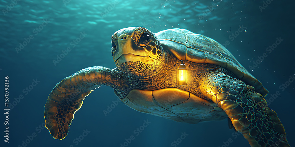 Obraz premium Turtle with a Tiny Glowing Lantern, Guiding Lost Travelers Through the Mystical Sea for Dreamlike Fantasy, Guiding Light, and Enchanted Journeys