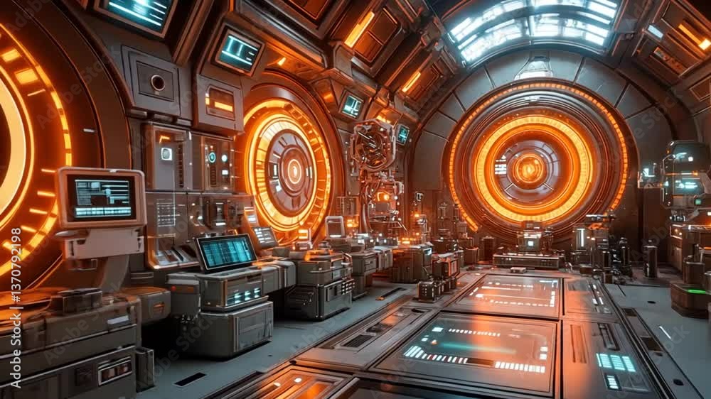 Futuristic spaceship interior with glowing tech