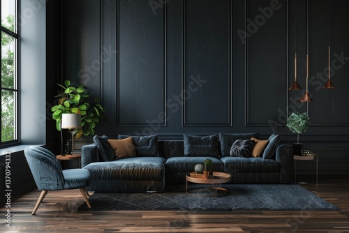 Pixel Perfect Picture of Dark Living Room Interior with Sofa and Armchair, Window and Mockup