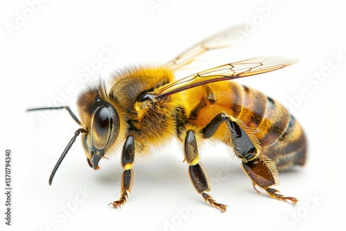 High Resolution Picture of Close Up Yellow Bee Isolated on a White Background