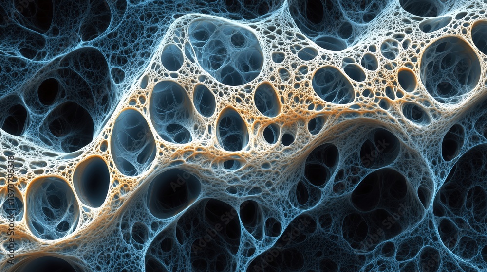 Abstract 3d render of blue and orange fractal wave with bubble-like structures Abstract 3d render of blue and orange fractal wave with bubble-like structures