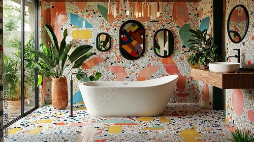Modern bathroom featuring a freestanding tub, colorful mosaic tiles, and lush greenery