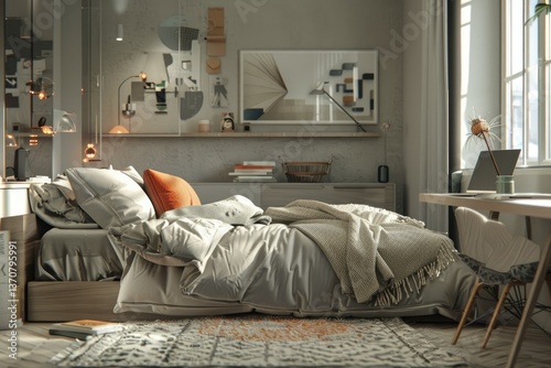 Detailed Color Image of Grey Home Bedroom Interior with Bed and Work Zone, Decoration