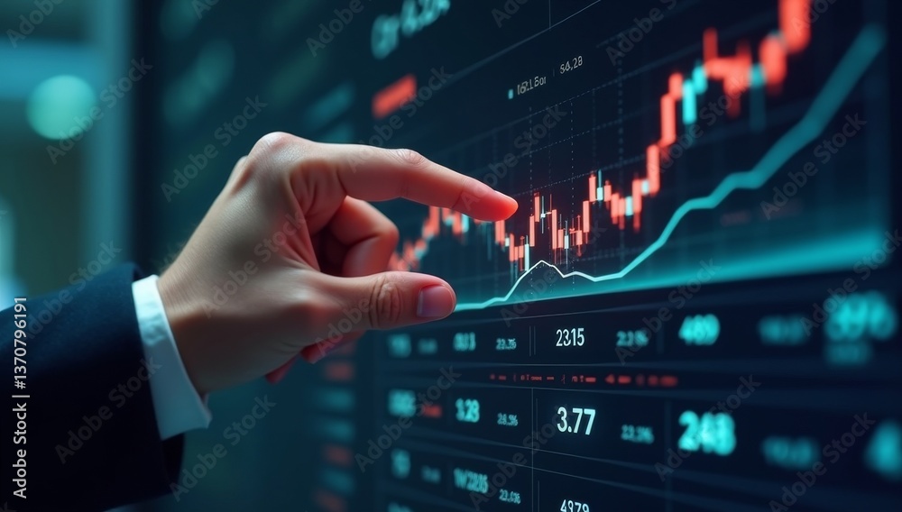 Data of stock market. Financial analyst pointing candlestick chart Data of stock market. Financial analyst pointing candlestick chart