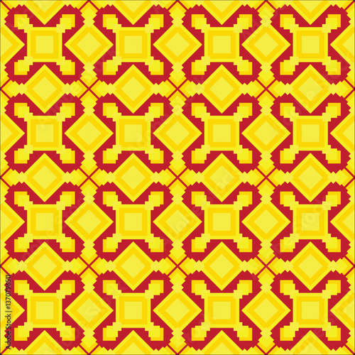 Richly detailed seamless pattern features intricate golden accents over a bold red garnet backdrop, inspired by bohemian folk art and contemporary tribal aesthetics. Perfect for luxury textiles