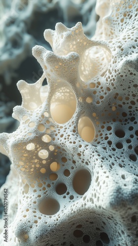 Close-up macro shot of coral structure with intricate holes and patterns