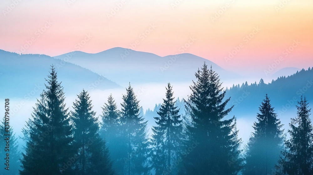Fototapeta premium Misty sunrise over fog-covered mountain peaks with tall pine trees in foreground, soft pastel hues of pink, orange, and light blue blending into serene ethereal atmosphere.