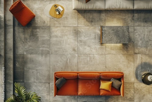 Top View of Reception Interior Armchairs and Couch with Drawer, Relax Place