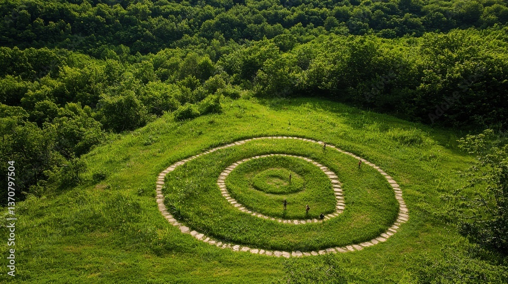 A lush green landscape features a spiral stone pathway, blending nature and art in a tranquil outdoor setting. A lush green landscape features a spiral stone pathway, blending nature and art in a tranquil outdoor setting.