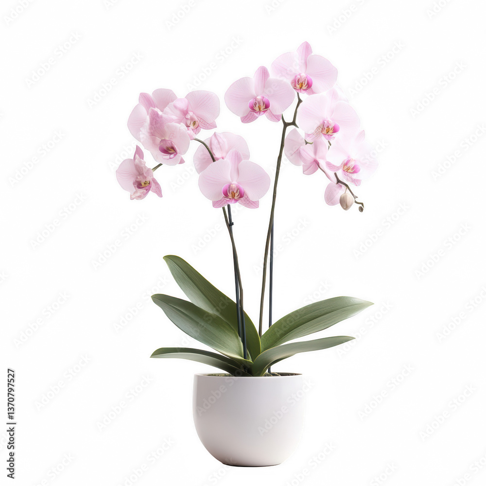 A vibrant arrangement of pink orchids in a simple white pot, showcasing elegant blossoms and lush green leaves. A vibrant arrangement of pink orchids in a simple white pot, showcasing elegant blossoms and lush green leaves.