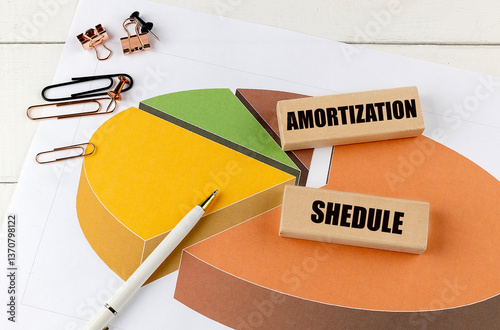 Wooden blocks with text amortization schedule on pie chart with pen and clips on white desk