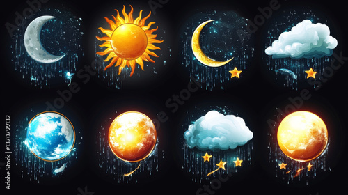 Weather meteo icons realistic set vector illustration. Elements for weather forecast, clouds with snow and rain, different phases or stages of solar and lunar eclipses isolated on black background