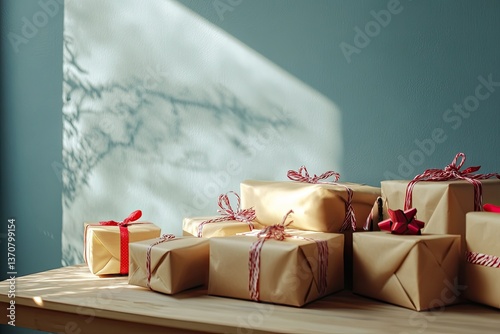 High Quality Image of Bunch of Wrapped Gifts on Table