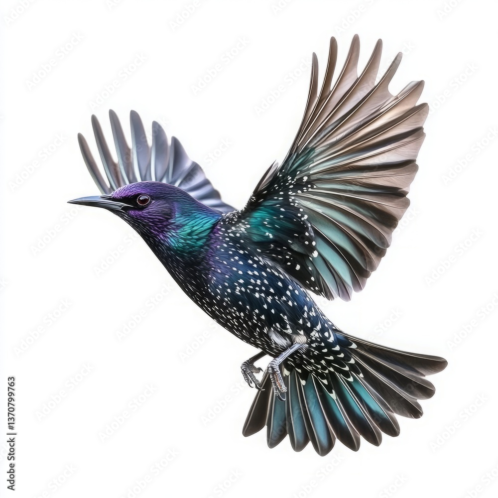 Obraz premium Colorful Bird in Flight with Iridescent Purple, Blue, Green, and Black Plumage – Ideal Stock Image for Wildlife and Nature Themes