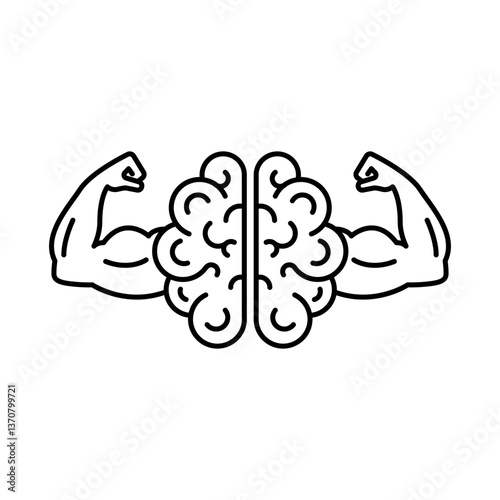 Brain with strong arms double biceps. Bulb checkmark, expert, genius, idea, innovation, lamp, light bulb, mark, creative, positive, smart, solution, strategy, think, tick, choice, Vector.