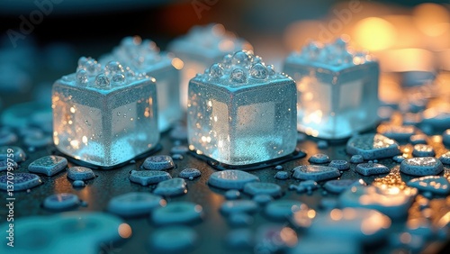 Ice cubes stacked in decorative ceramic bowl with scattered cubes around	