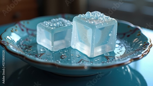 Ice cubes stacked in decorative ceramic bowl with scattered cubes around	