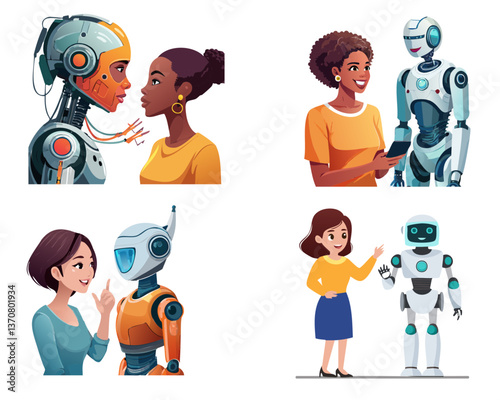 Illustrations of human interactions with AI. A realistic image of a human talking to a robot.
