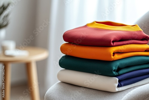 High Definition Picture of Pile of Stylish Sweatshirts on Chair