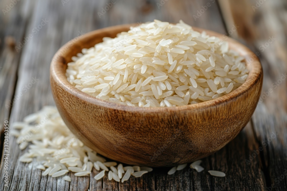 Rustic wooden bowl filled with pristine white rice grains on a weathered wooden surface culinary simplicity Rustic wooden bowl filled with pristine white rice grains on a weathered wooden surface culinary simplicity