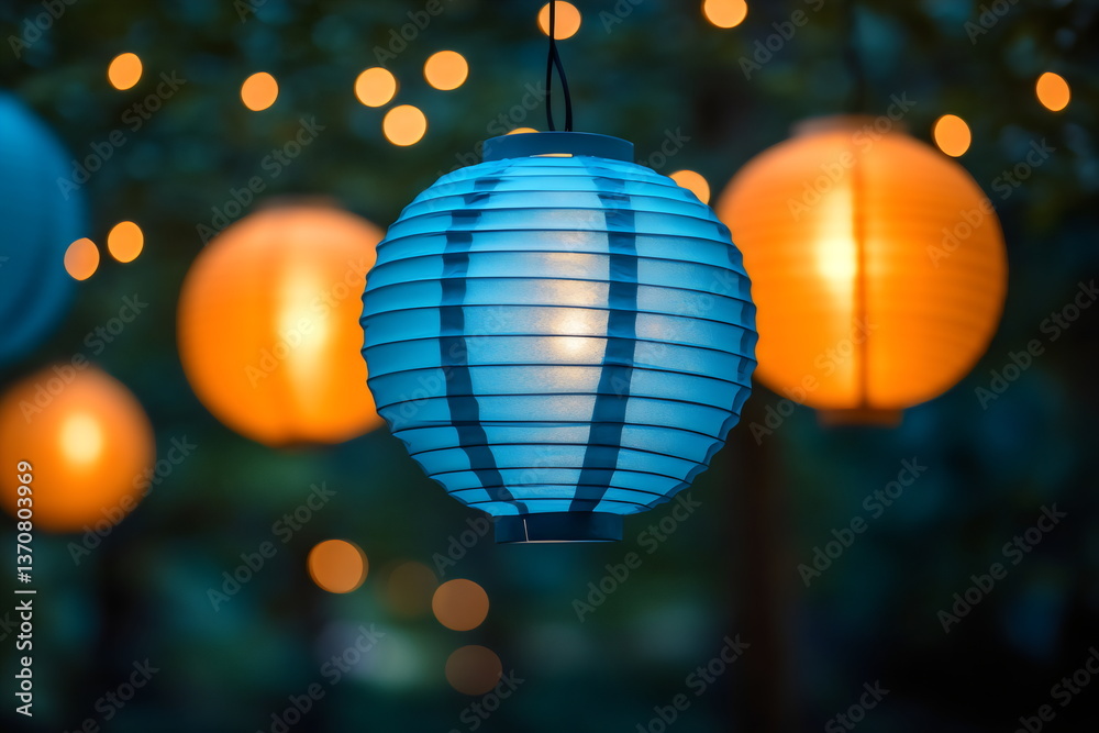 Obraz premium Colorful lanterns illuminate a festive gathering at dusk in a garden