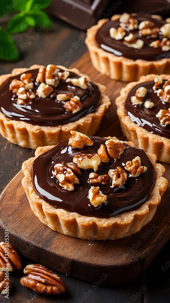 Chocolate Tarts Garnished With Nuts Presented on a Wooden Board Chocolate Tarts Garnished With Nuts Presented on a Wooden Board
