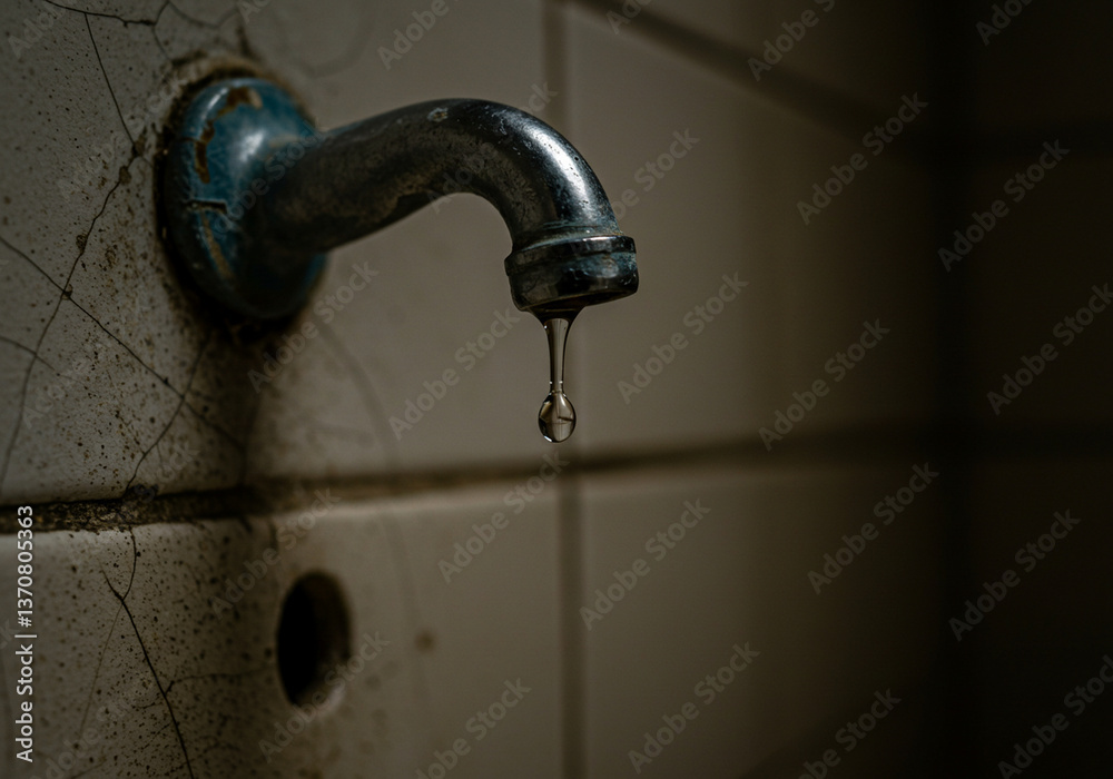 A Single Drop: Old Faucet, Leaking Water, Rustic Bathroom A Single Drop: Old Faucet, Leaking Water, Rustic Bathroom
