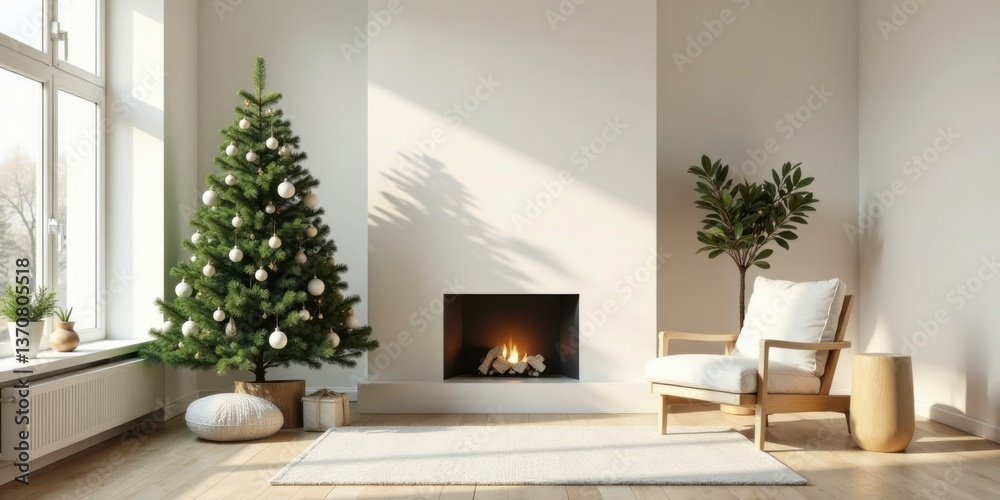 Fototapeta premium Serene Minimalist Living Room Decorated for the Winter Holidays Featuring a Christmas Tree, Fireplace, and Comfortable Seating