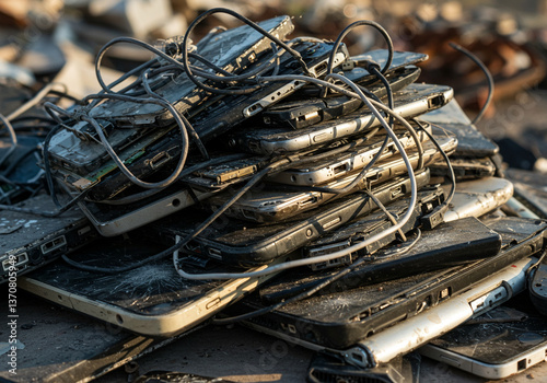 Pile of discarded electronics, a mountain of obsolete technology, reflecting our consumerist society. photo