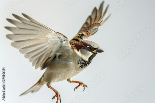 Clear Pixel Visual of Flying Bird Sparrow Isolated on White Background