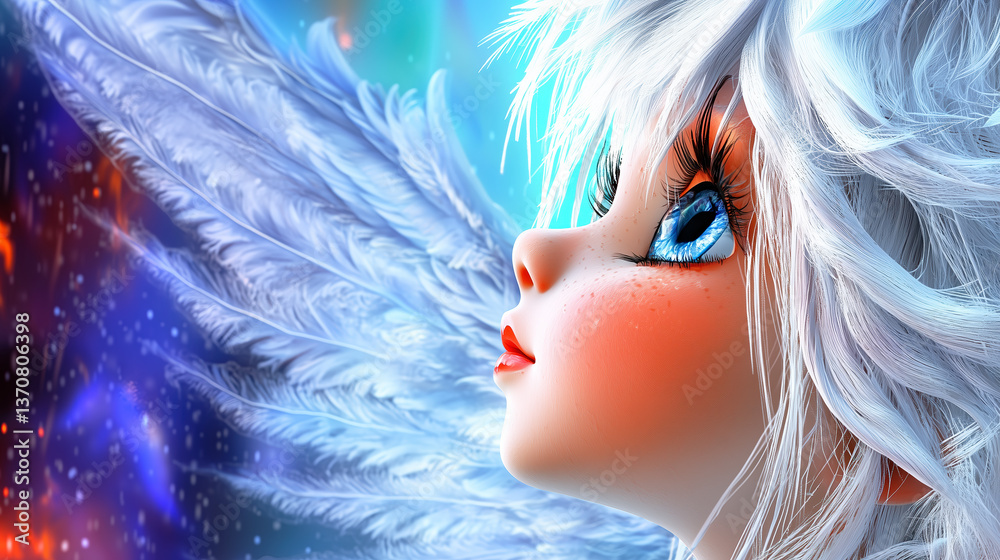 Fototapeta premium A dreamy, white haired, blue eyed angelic figure gazes upward, her feathered wings glowing in a celestial space of blue, purple, and fiery orange light.
