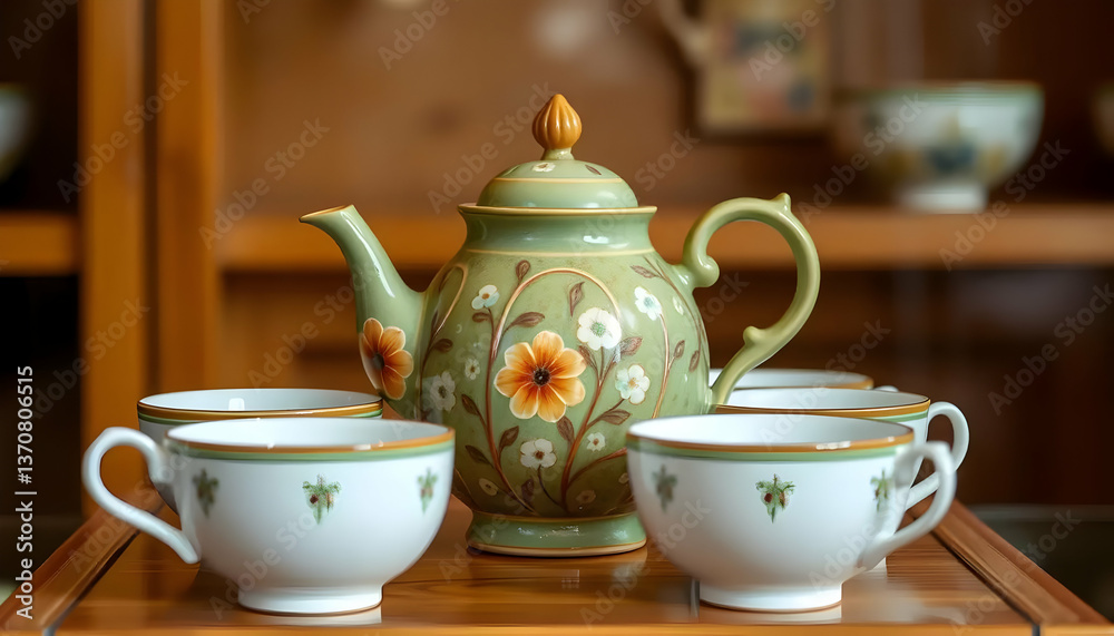 An Elegant Tea Set With Floral Designs Is Displayed Beautifully An Elegant Tea Set With Floral Designs Is Displayed Beautifully