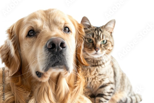 CloseUp Portrait of a Friendly Golden Retriever Dog and Cat Isolated on a White Background