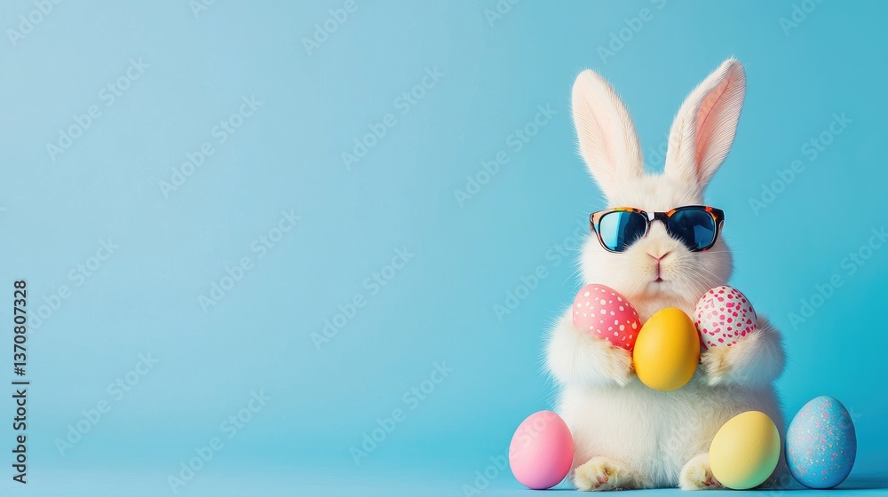 Fototapeta premium Cool Easter bunny wearing tortoiseshell sunglasses holding colorful eggs on a bright blue background with copy space. Great for Easter cards, festive marketing, and seasonal designs