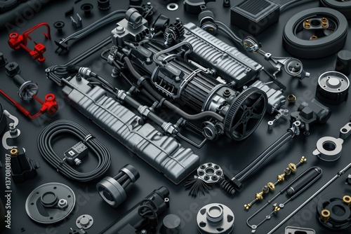 High Quality Visual of 3D Illustration of Car Engine Components