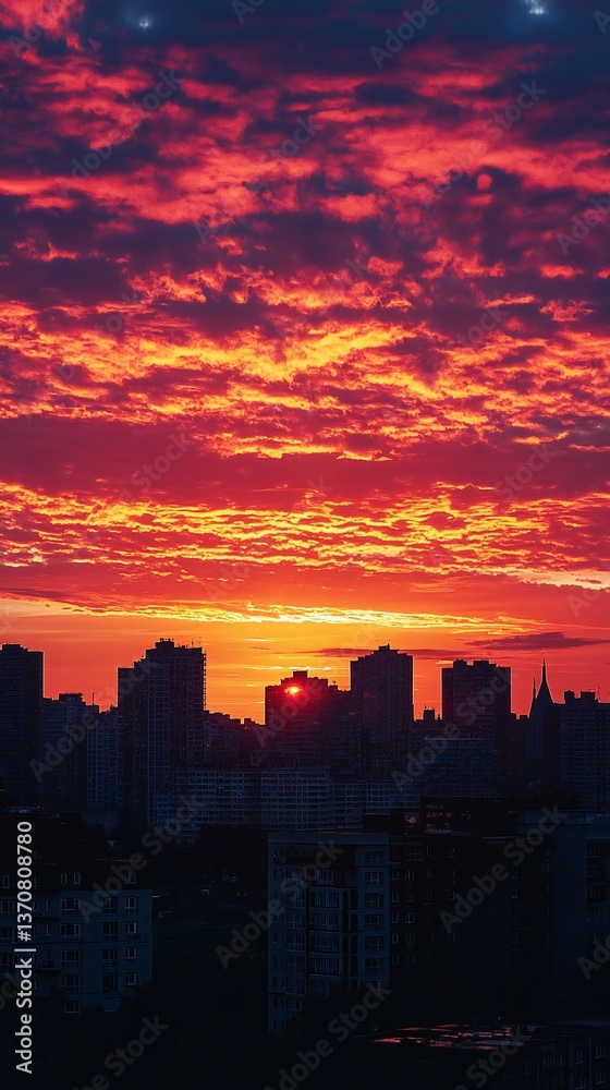 Fiery sunset cityscape panorama Dramatic red sky over urban buildings at dusk Stunning cloud formations paint the evening sky with vibrant colors Fiery sunset cityscape panorama Dramatic red sky over urban buildings at dusk Stunning cloud formations paint the evening sky with vibrant colors
