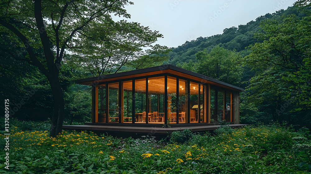 Fototapeta premium Wooden Gazebo With Glass Walls In A Garden