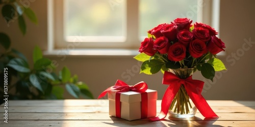 A Romantic Surprise Sunlit Bouquet of Crimson Roses and Elegant Gift Box on Wooden Table