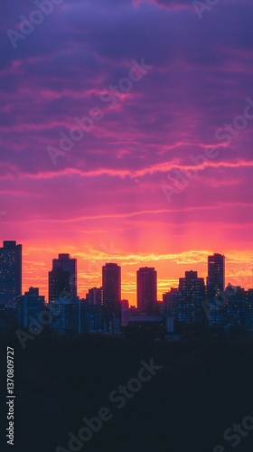 Vibrant city skyline at sunset fiery orange and purple cloudscape dramatic cityscape urban landscape evening twilight
