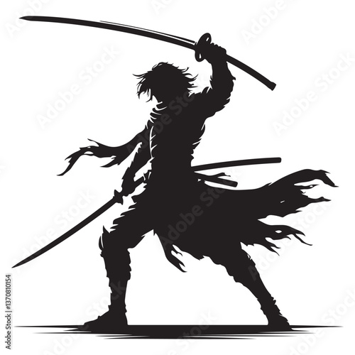 Fierce warrior silhouette holding katana swords with skill and determination