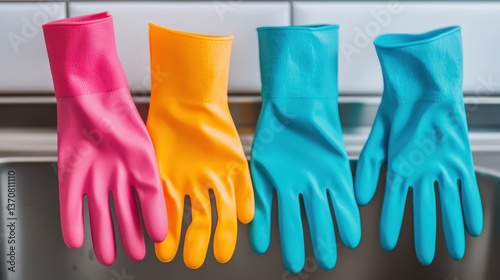 rubber gloved in kitchen concept. Colorful rubber gloves hanging by a sink.