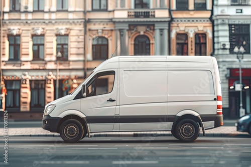 Ultra Quality Picture of Realistic Utility Van on the Street Car Mock Up Right Side View