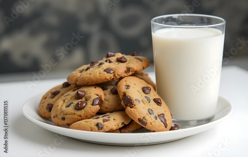 Glass of milk and chocolate chip cookies on a white plate, milk glass and chocolate chip cookies