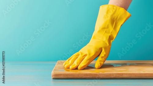 rubber gloved in kitchen concept. Cleaning surface with a yellow rubber glove on a wooden table.