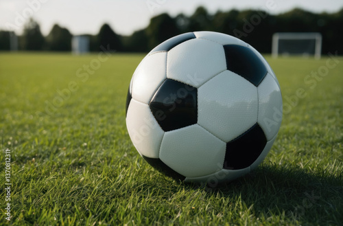 soccer ball resting on vibrant, lush green sports grass, creating a classic and energetic image of the game.