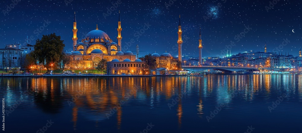 Fototapeta premium Night view of illuminated mosque and city skyline reflected in calm water under starry sky.