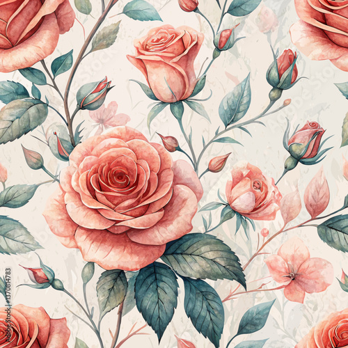 Seamless Blooming Rose Watercolor Background – Romantic Pink & Coral Floral Pattern for Elegant Designs