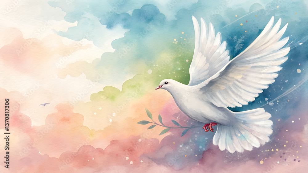 Obraz premium Peace Dove Watercolor Background – White Bird in Flight Against Pastel Sky for Victory Day & Freedom Themes (Copy Space)